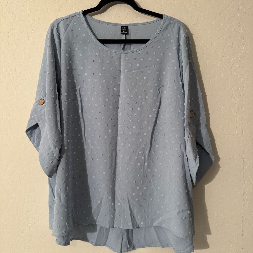 SHEIN Curve Blue Blouse | Textured Swiss Dot Roll-Tab Sleeve Top | Size 1XL